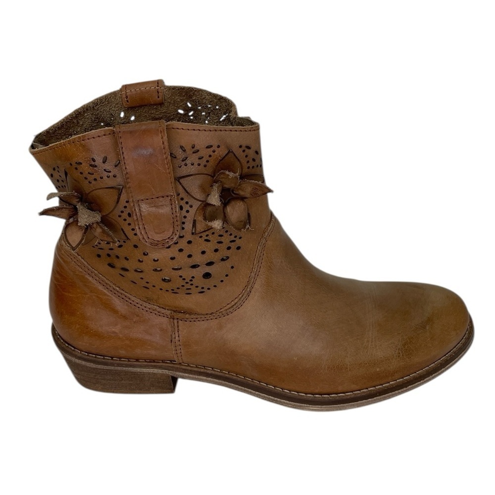 Alissia Booties Brown Leather Ankle Boots Flowers Perforated Size 37
